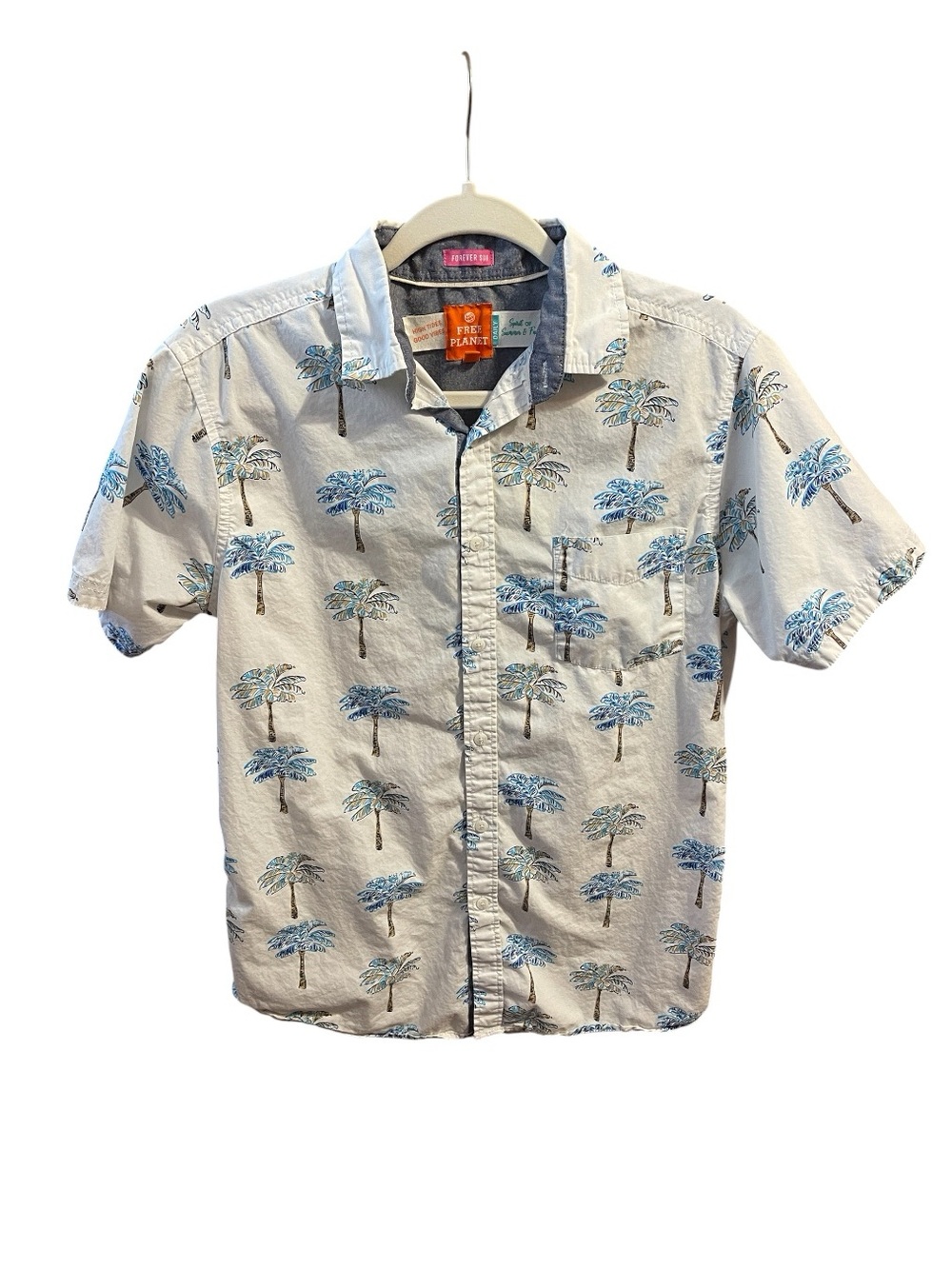 Free Planet Men's Button Front Blue Palm Tree Shirt Pocket White Medium Hawaiian